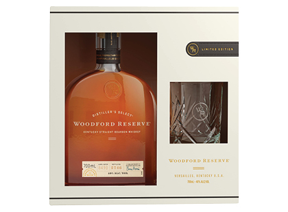 Viskis WOODFORD RESERVE dėžutėje su stikline