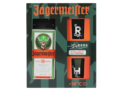 Likeris JAGERMEISTER dėžutėje su 2 stikliukais