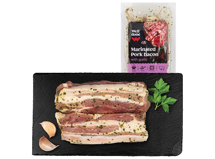 Maxima – akcija / nuolaida: Marinuoti kiaulienos šoninės kepsneliai su česnakais WELL DONE*, 400 g