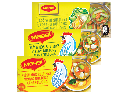 Maxima – akcija / nuolaida: Vištienos; daržovių sultinio kubeliai MAGGI*, 3 rūšių, 1 dėž. (12 kub. × 10 g)