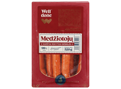 Maxima – akcija / nuolaida: Karštai rūkytos MEDŽIOTOJŲ dešrelės WELL DONE*, a. r., 520 g
