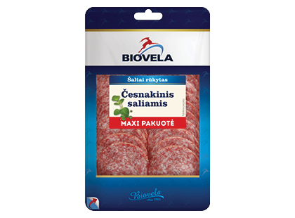 Šaltai rūkytas pjaustytas česnakinis saliamis BIOVELA*