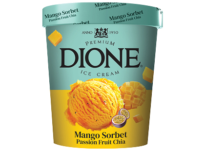 Mangų ir pasiflorų skonio valgomieji ledai indelyje DIONE*