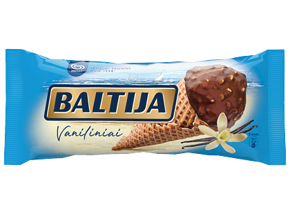Vaniliniai valgomieji ledai ragelyje BALTIJA su riešutais*