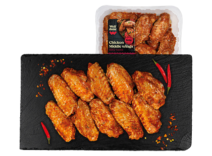 Viščiukų broilerių sparnelių vidurinės dalys BBQ marinate WELL DONE*